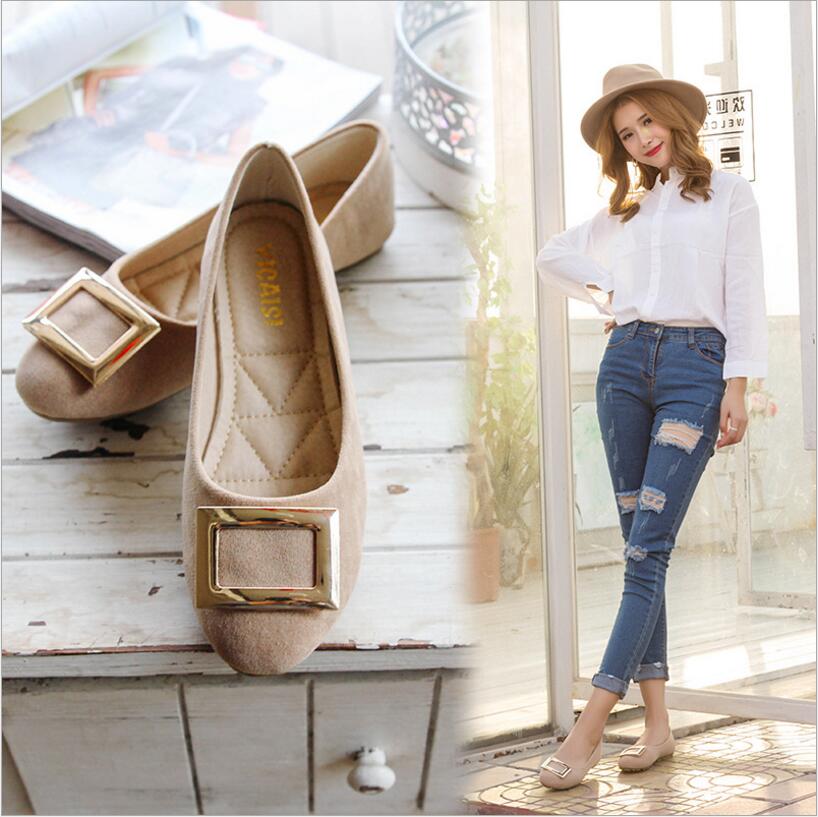 Spring new women's shoes plus size square buckle shallow mouth zapatos women's frosted tendon flat shoes 35-42