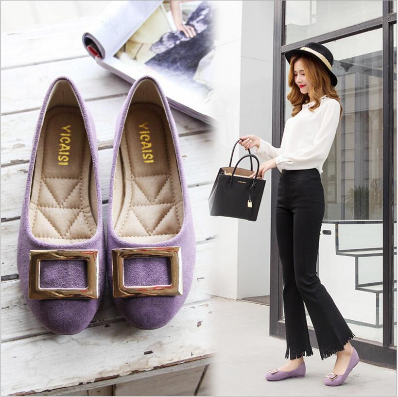 Spring new women's shoes plus size square buckle shallow mouth zapatos women's frosted tendon flat shoes 35-42
