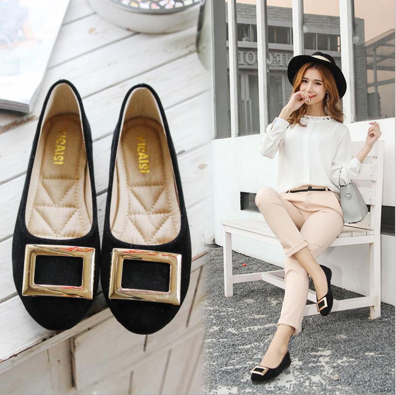 Spring new women's shoes plus size square buckle shallow mouth zapatos women's frosted tendon flat shoes 35-42