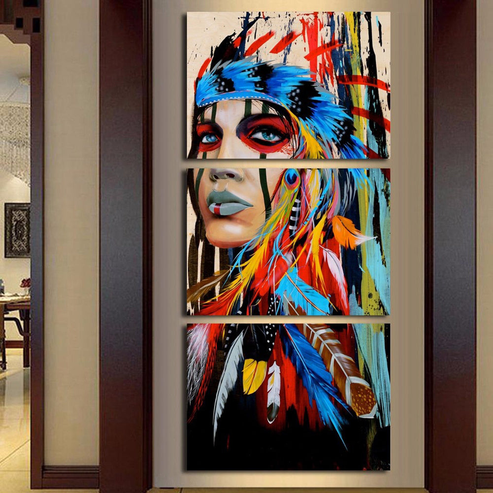 Unframed 3 Panel The American Indian Feather Painting Canvas Picture Wall Decor