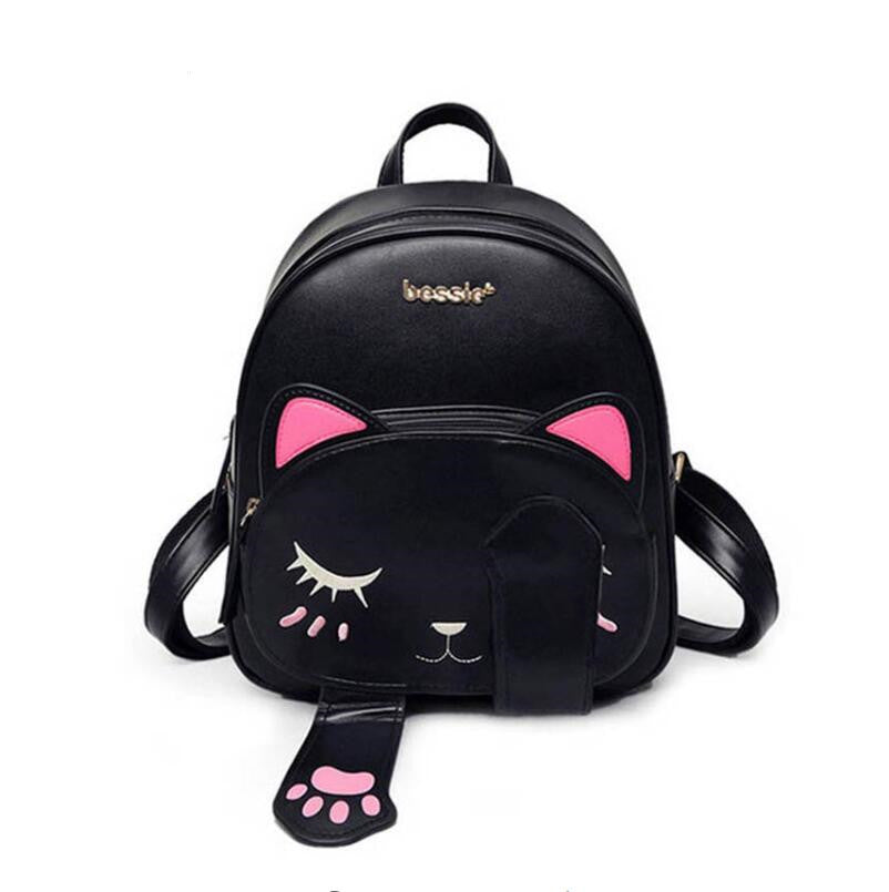 Cute Cat Backpack School Women Pu Leather Backpacks  Funny Cats Ears Canvas Shoulder Bags Female Mochila