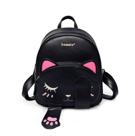 Cute Cat Backpack School Women Pu Leather Backpacks  Funny Cats Ears Canvas Shoulder Bags Female Mochila