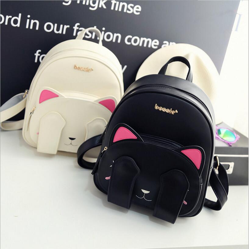 Cute Cat Backpack School Women Pu Leather Backpacks  Funny Cats Ears Canvas Shoulder Bags Female Mochila