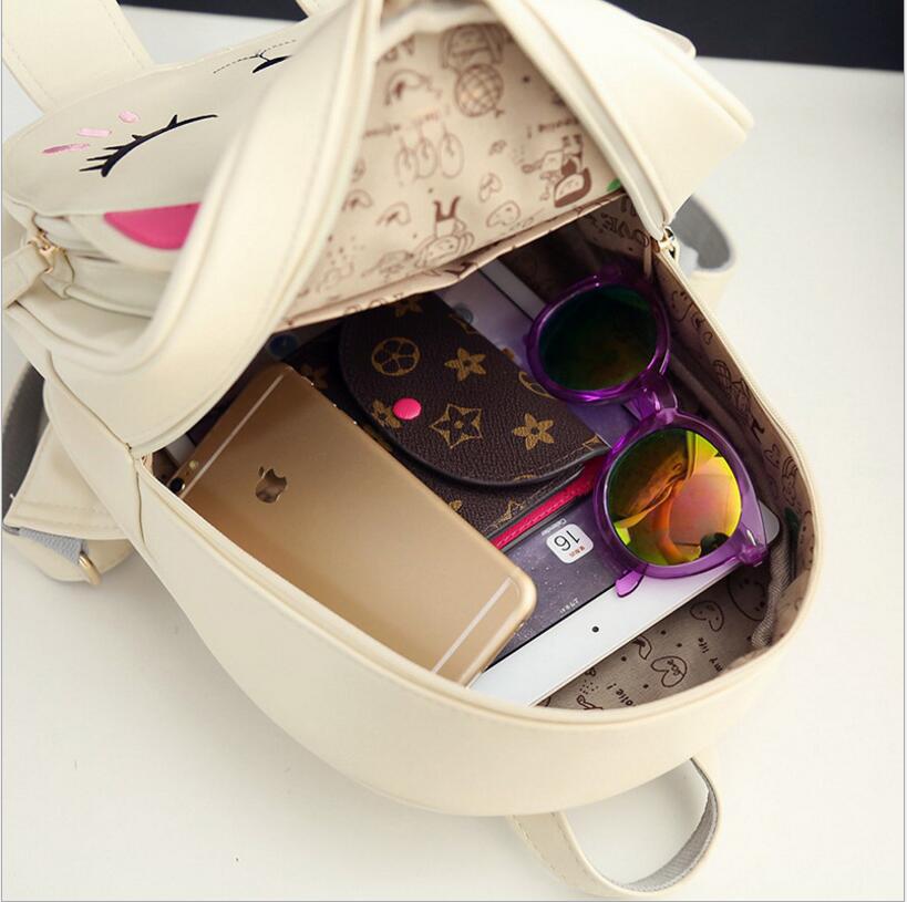 Cute Cat Backpack School Women Pu Leather Backpacks  Funny Cats Ears Canvas Shoulder Bags Female Mochila