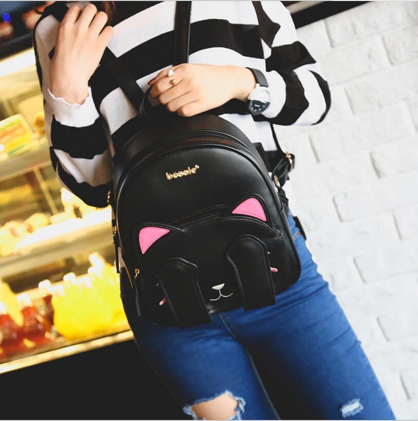 Cute Cat Backpack School Women Pu Leather Backpacks  Funny Cats Ears Canvas Shoulder Bags Female Mochila