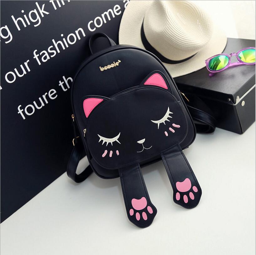 Cute Cat Backpack School Women Pu Leather Backpacks  Funny Cats Ears Canvas Shoulder Bags Female Mochila