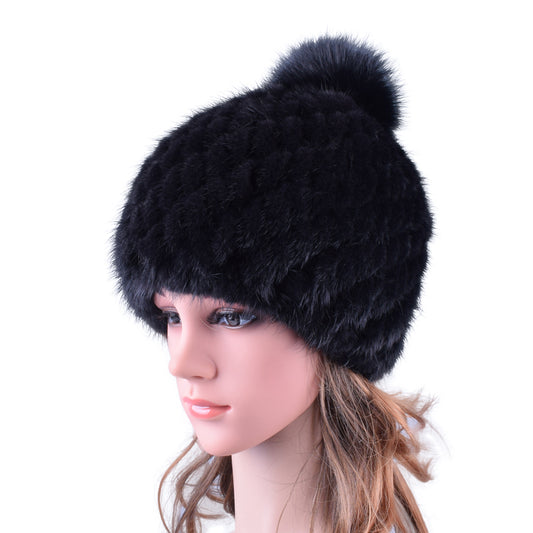 Mink Fur Hat Winter Women's Beanie Pompom Real Fur Caps ElasticHand knitting snow hats russian popular LQ11192