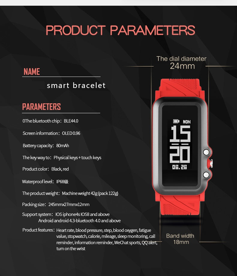 Fitness Smart Bracelet SmartBand Sport WristBand Watch Heart Rate Blood Pressure Monitor Waterproof for IOS Android