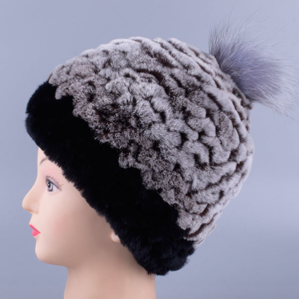 Girls Winter Hat Genuine Natural Real Rex Rabbit Fur Knit hat with fox fur ball Patchwork Lady Male Pompom Beanie Cap  LQ11252