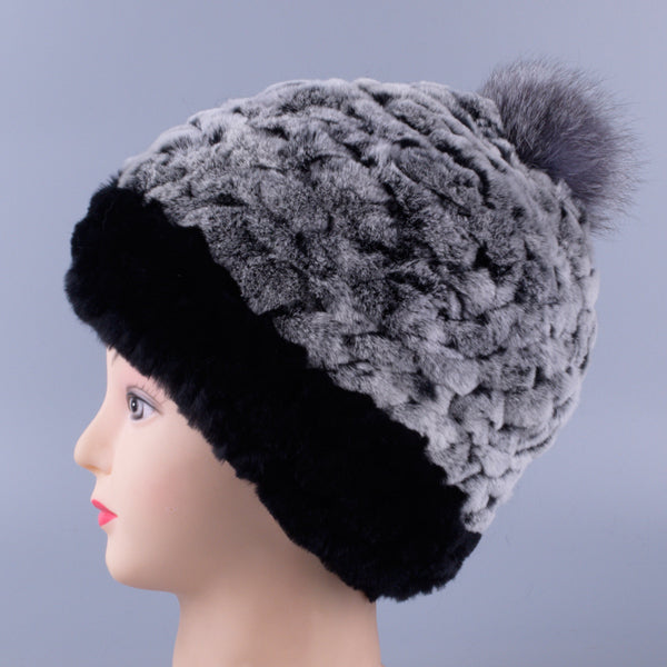 Girls Winter Hat Genuine Natural Real Rex Rabbit Fur Knit hat with fox fur ball Patchwork Lady Male Pompom Beanie Cap  LQ11252