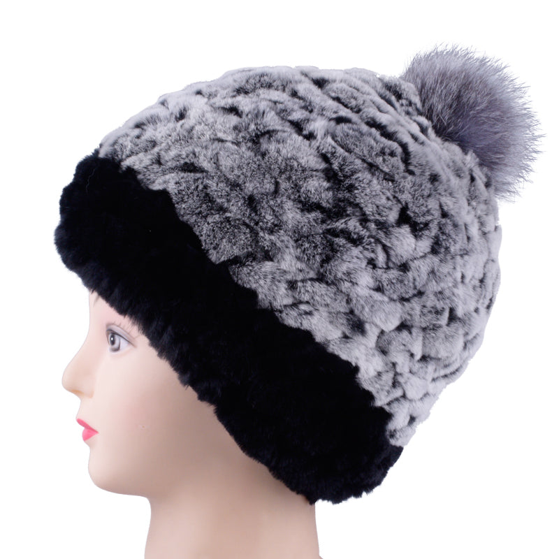 Girls Winter Hat Genuine Natural Real Rex Rabbit Fur Knit hat with fox fur ball Patchwork Lady Male Pompom Beanie Cap  LQ11252