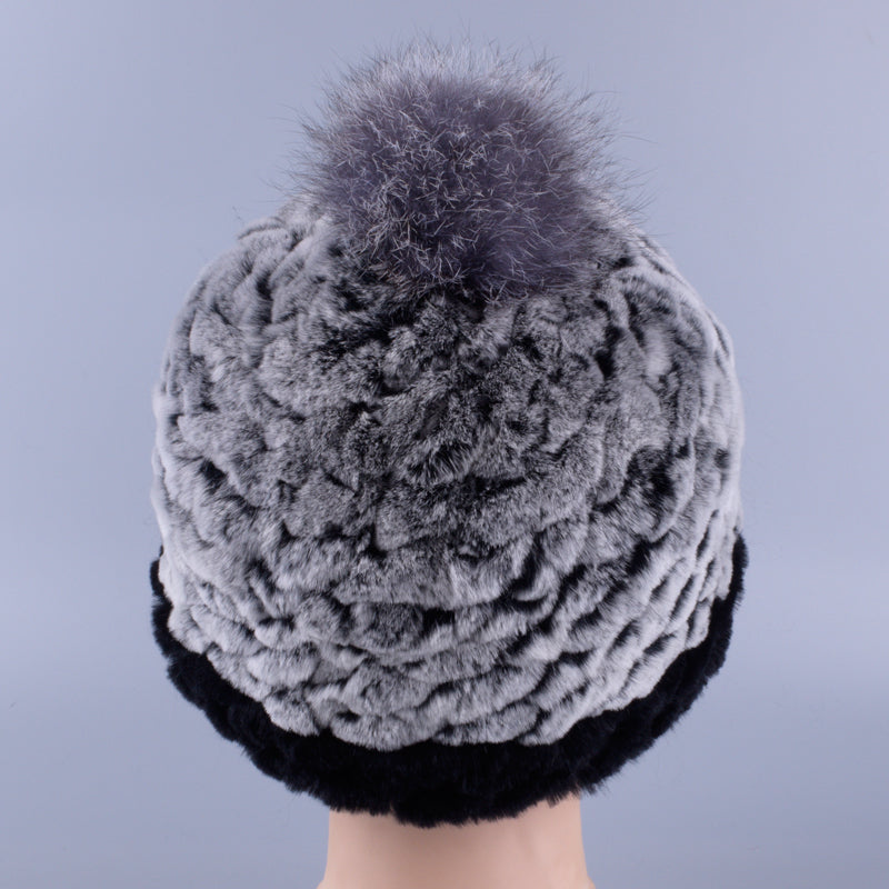 Girls Winter Hat Genuine Natural Real Rex Rabbit Fur Knit hat with fox fur ball Patchwork Lady Male Pompom Beanie Cap  LQ11252