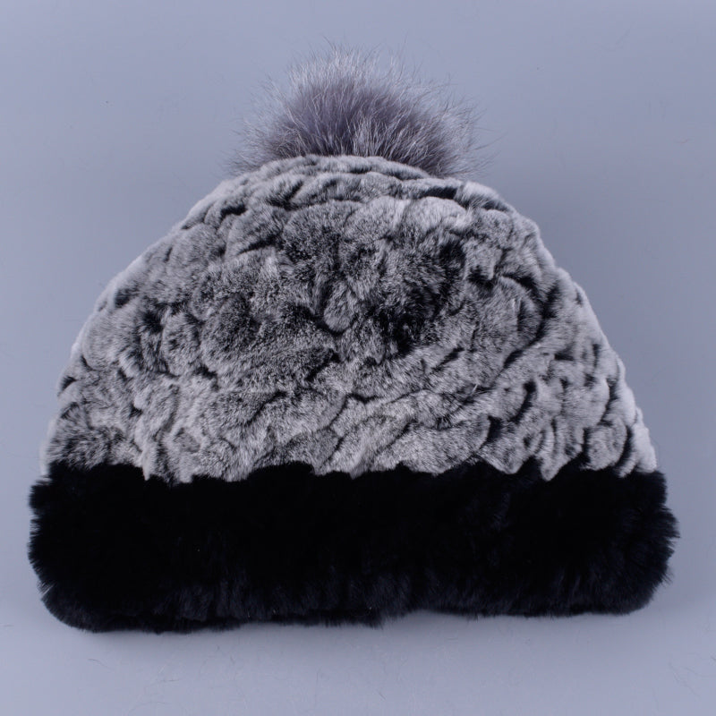 Girls Winter Hat Genuine Natural Real Rex Rabbit Fur Knit hat with fox fur ball Patchwork Lady Male Pompom Beanie Cap  LQ11252