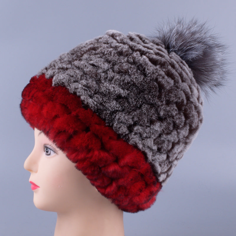 Girls Winter Hat Genuine Natural Real Rex Rabbit Fur Knit hat with fox fur ball Patchwork Lady Male Pompom Beanie Cap  LQ11252
