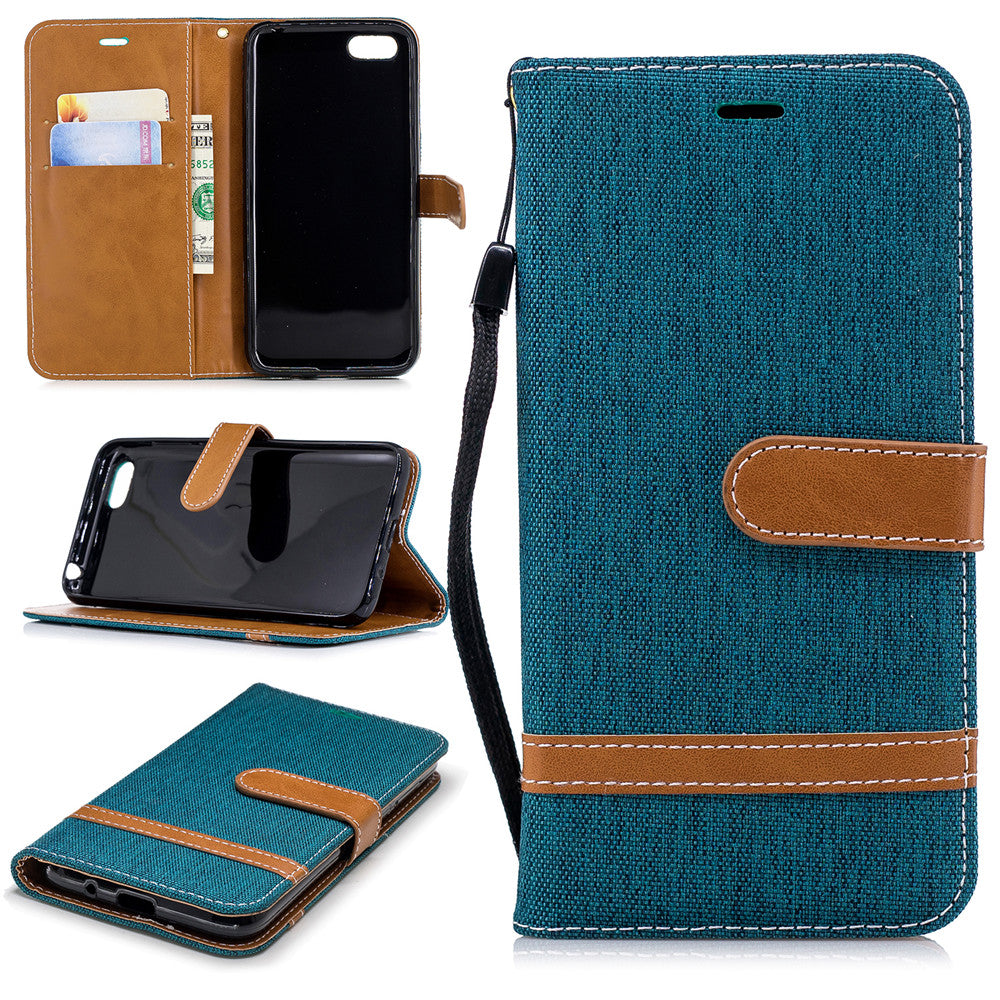 Huawei Y5 2018 Stand Case Wallet Card Slots Denim Jeans Leather Case With Stand