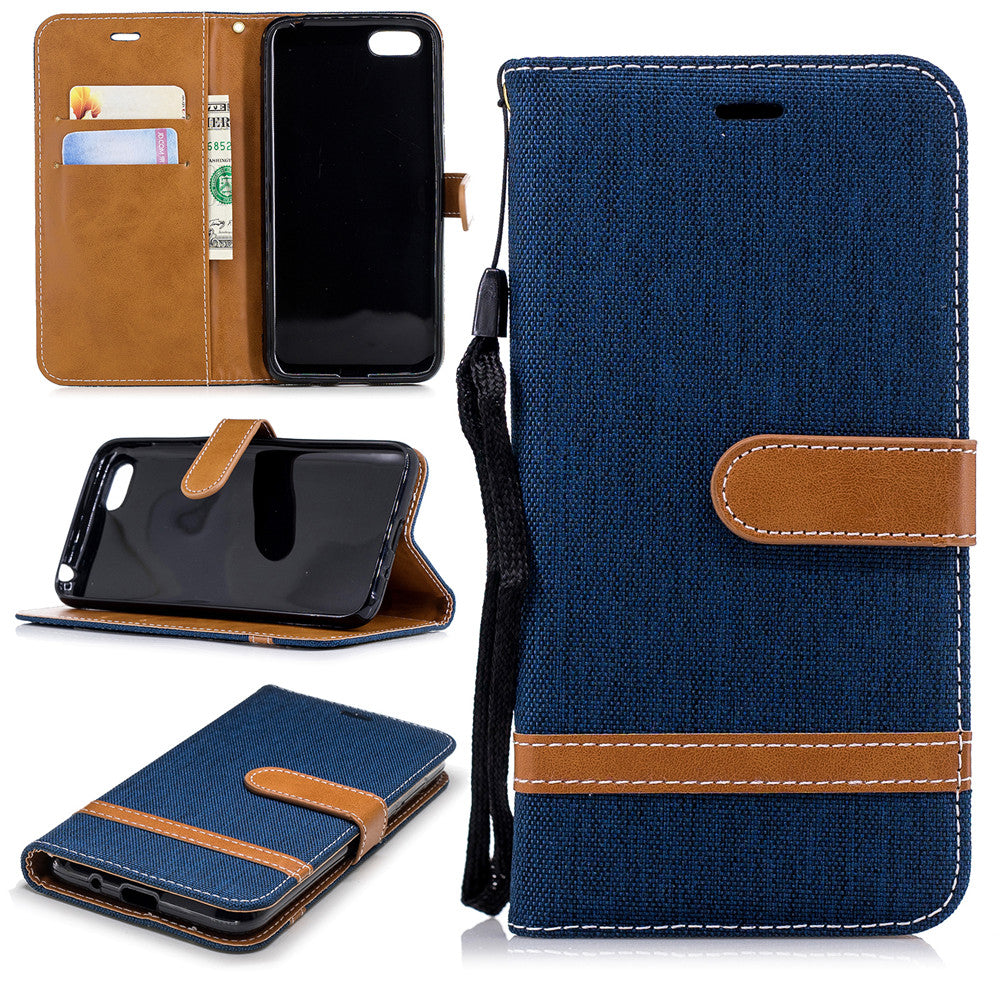 Huawei Y5 2018 Stand Case Wallet Card Slots Denim Jeans Leather Case With Stand