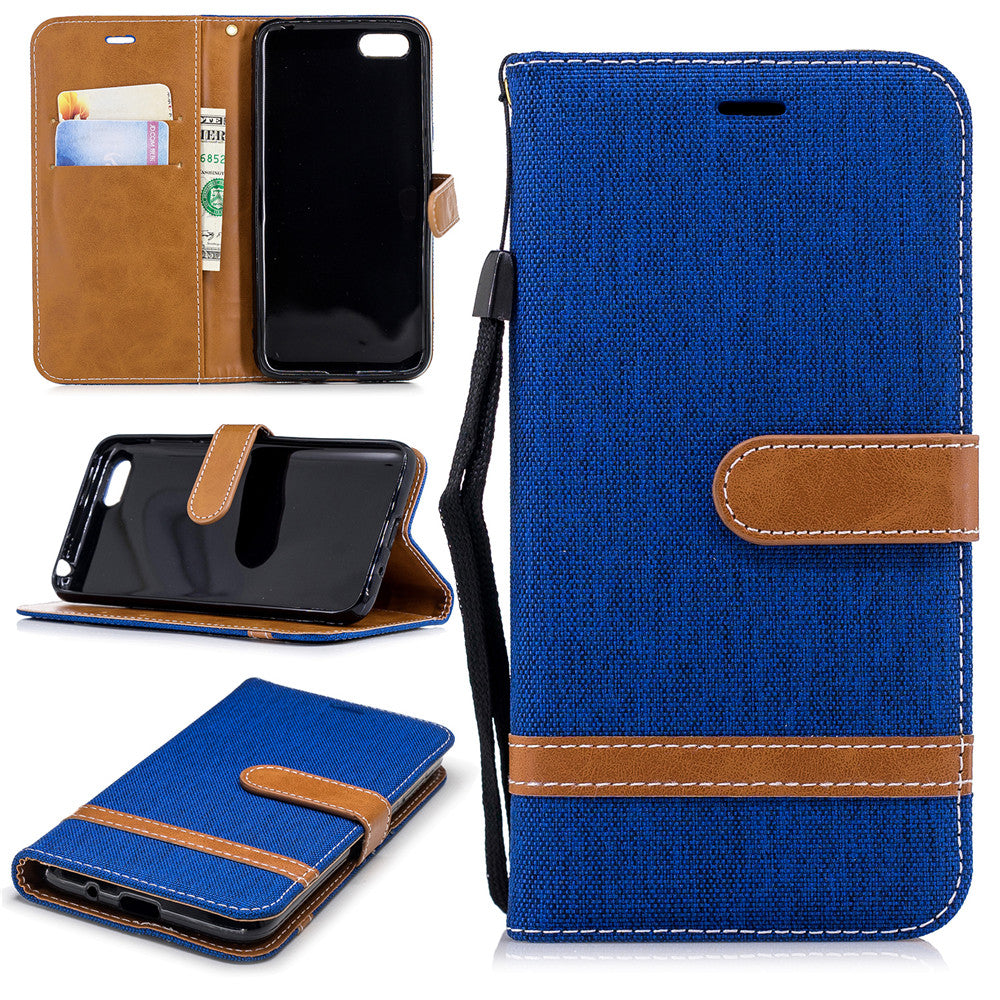 Huawei Y5 2018 Stand Case Wallet Card Slots Denim Jeans Leather Case With Stand