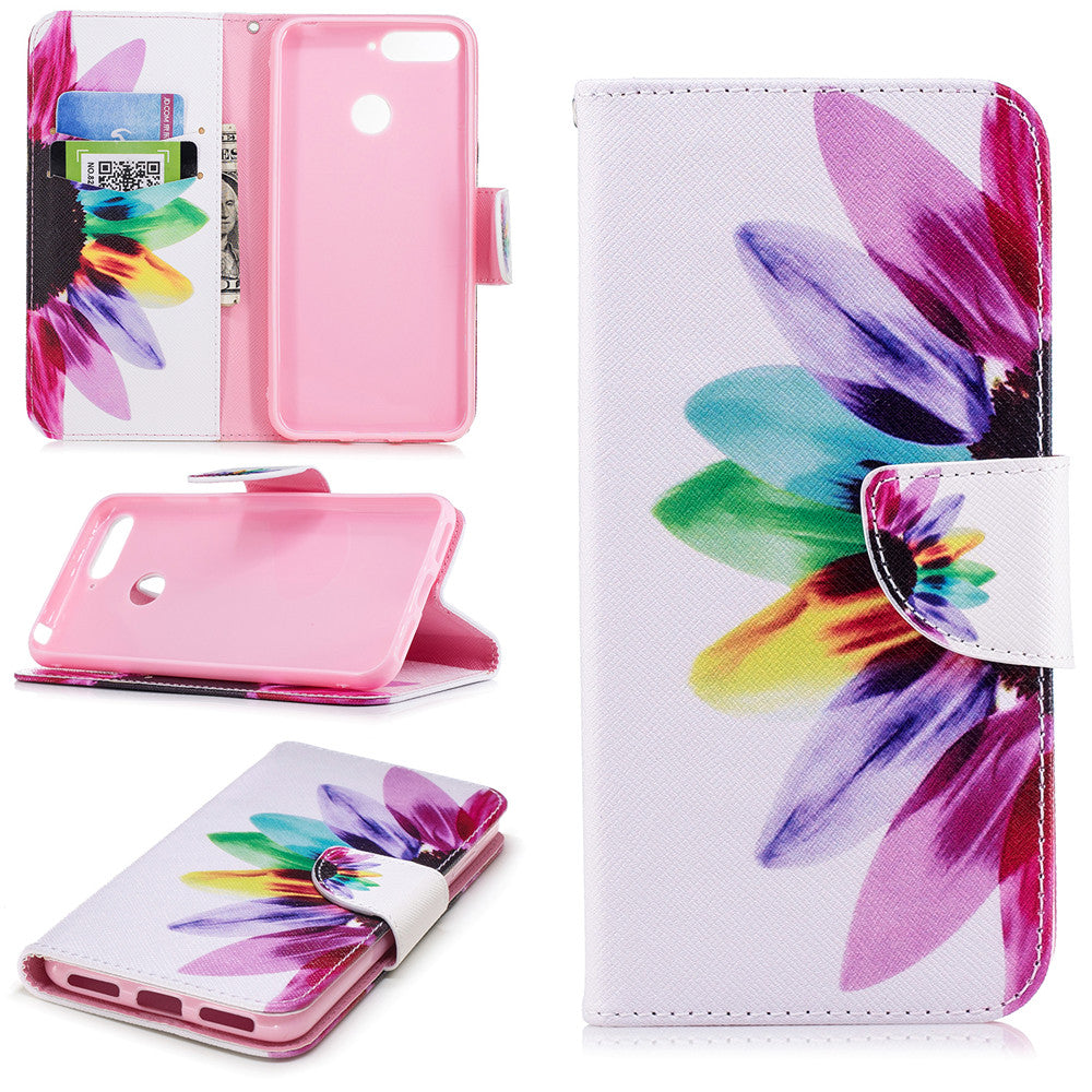 PU Leather Case For Huawei Honor 7A Fashion Colorful Wallet Painted Cover With Stand Card Slot