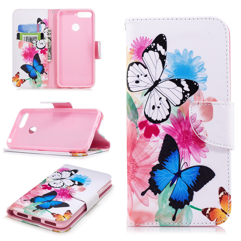 PU Leather Case For Huawei Honor 7A Fashion Colorful Wallet Painted Cover With Stand Card Slot
