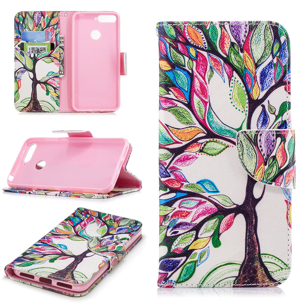 PU Leather Case For Huawei Honor 7A Fashion Colorful Wallet Painted Cover With Stand Card Slot