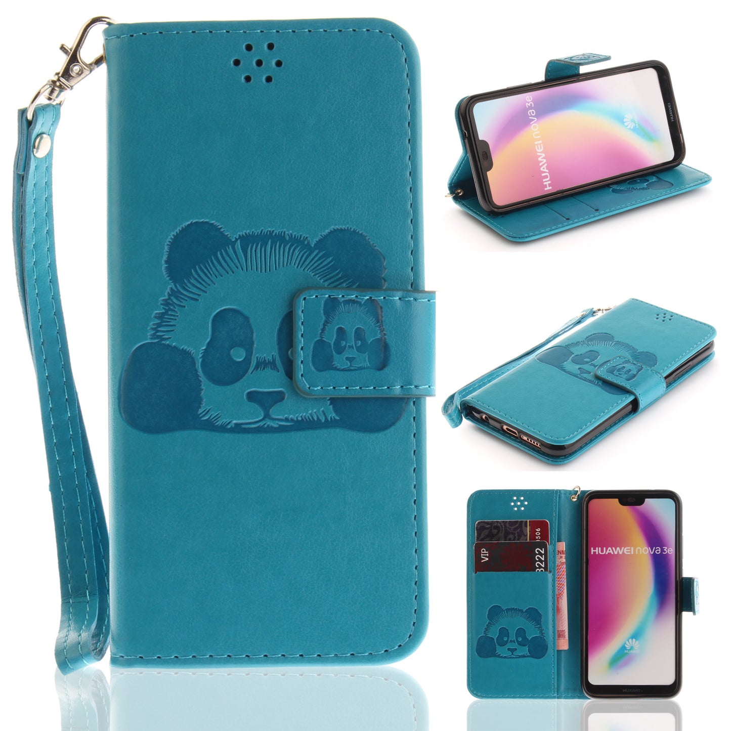 3D Embossing Panda Design For Huawei P20 Lite PU Leather Wallet Flip Cover Stand Card Slot Soft With Strap