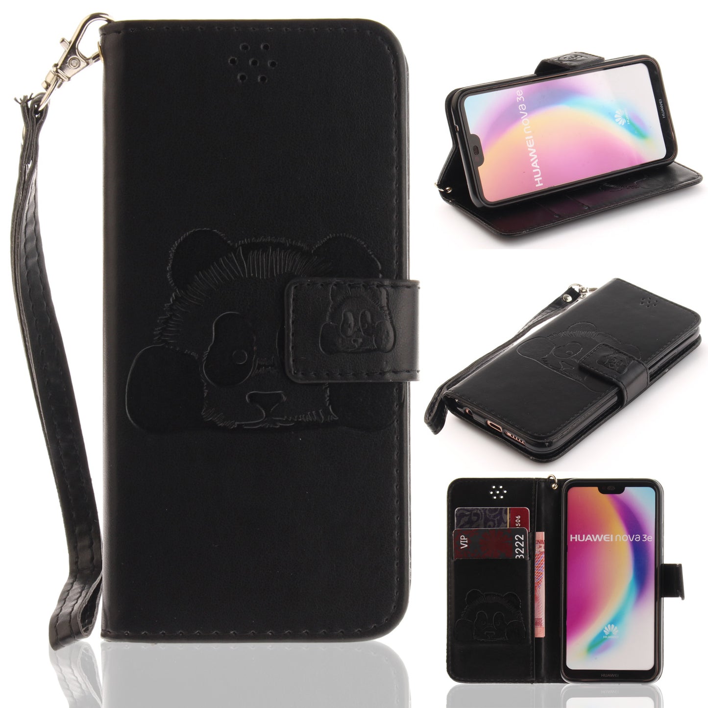 3D Embossing Panda Design For Huawei P20 Lite PU Leather Wallet Flip Cover Stand Card Slot Soft With Strap