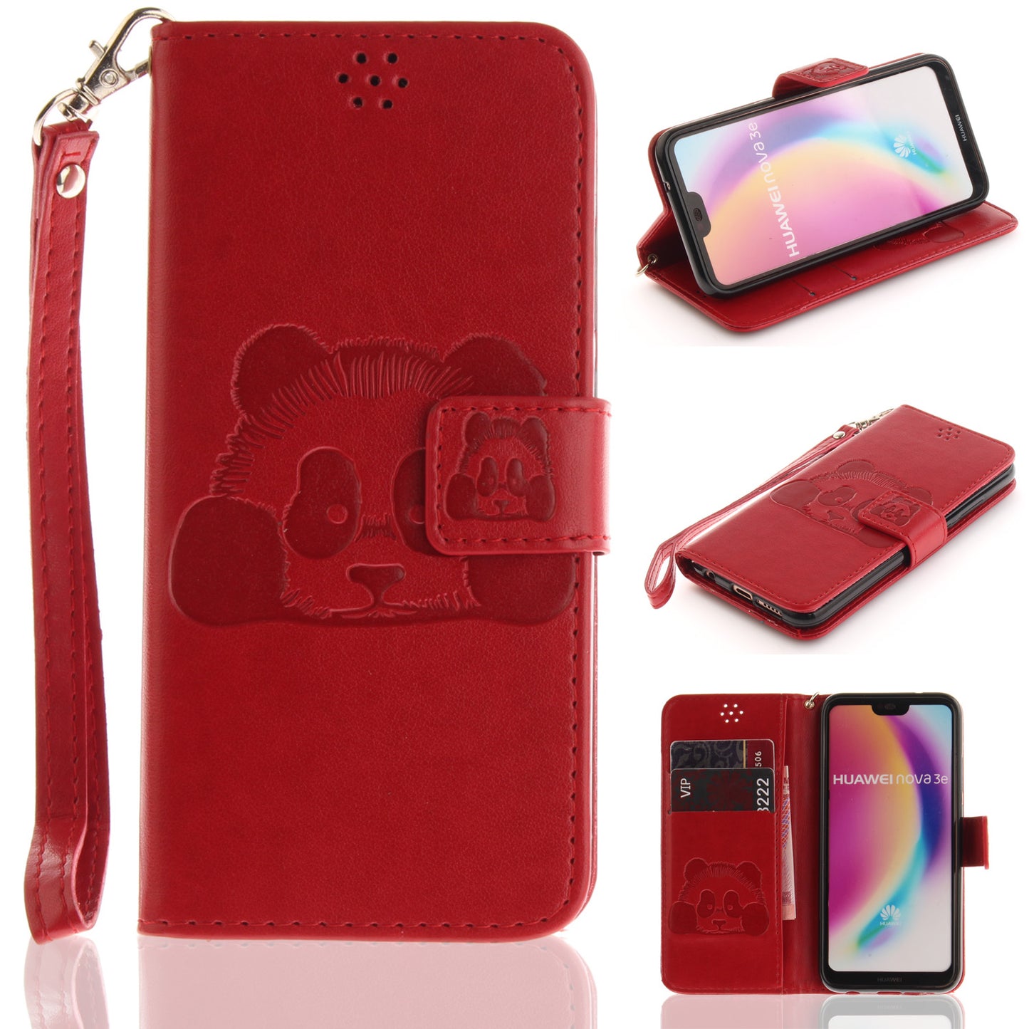 3D Embossing Panda Design For Huawei P20 Lite PU Leather Wallet Flip Cover Stand Card Slot Soft With Strap
