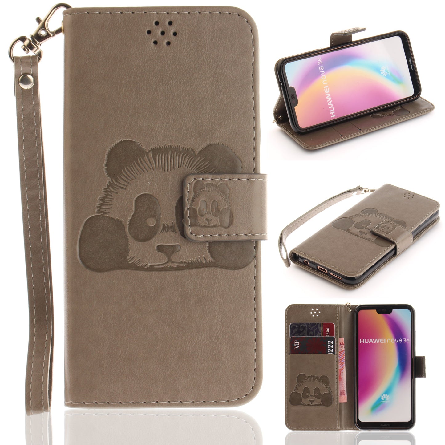 3D Embossing Panda Design For Huawei P20 Lite PU Leather Wallet Flip Cover Stand Card Slot Soft With Strap