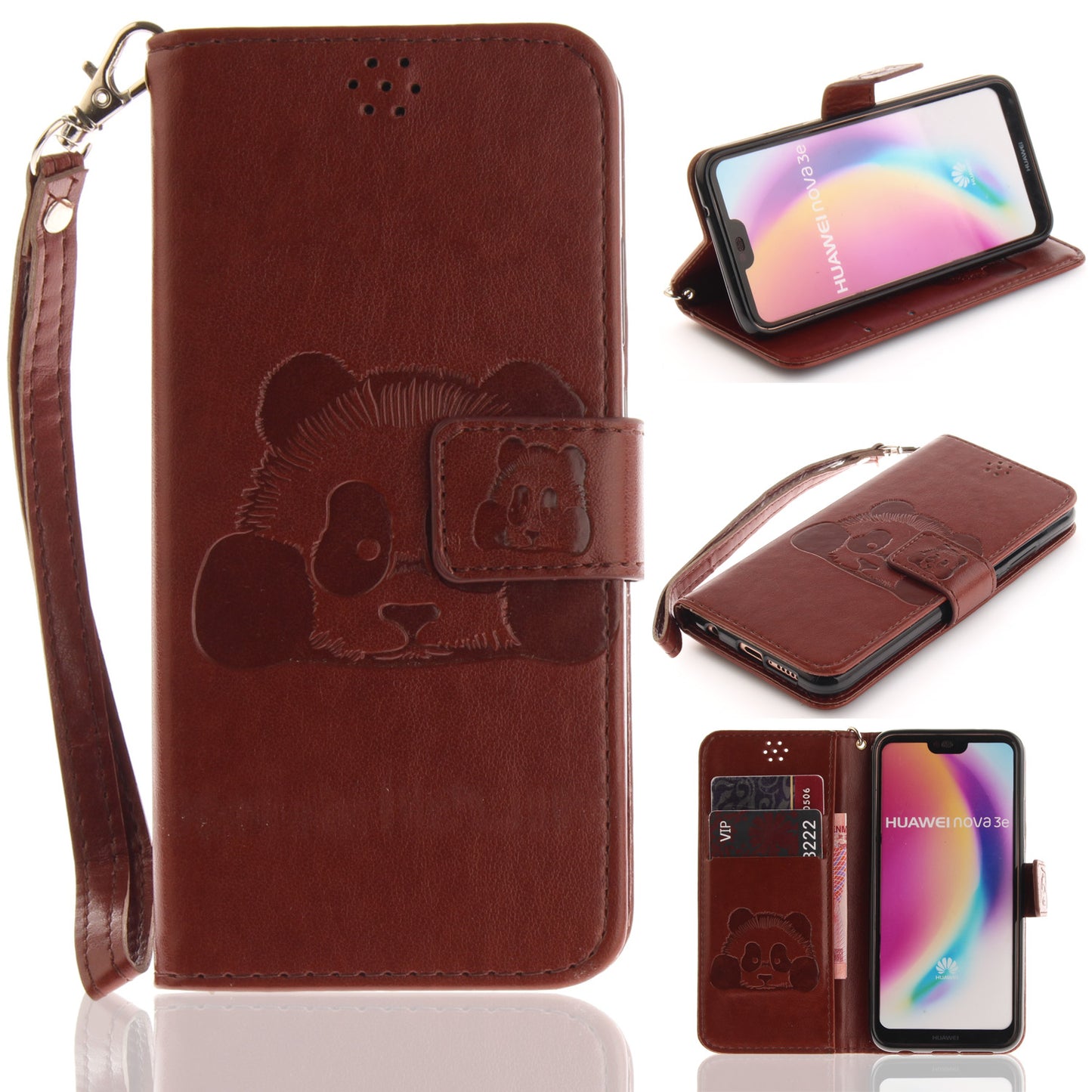 3D Embossing Panda Design For Huawei P20 Lite PU Leather Wallet Flip Cover Stand Card Slot Soft With Strap