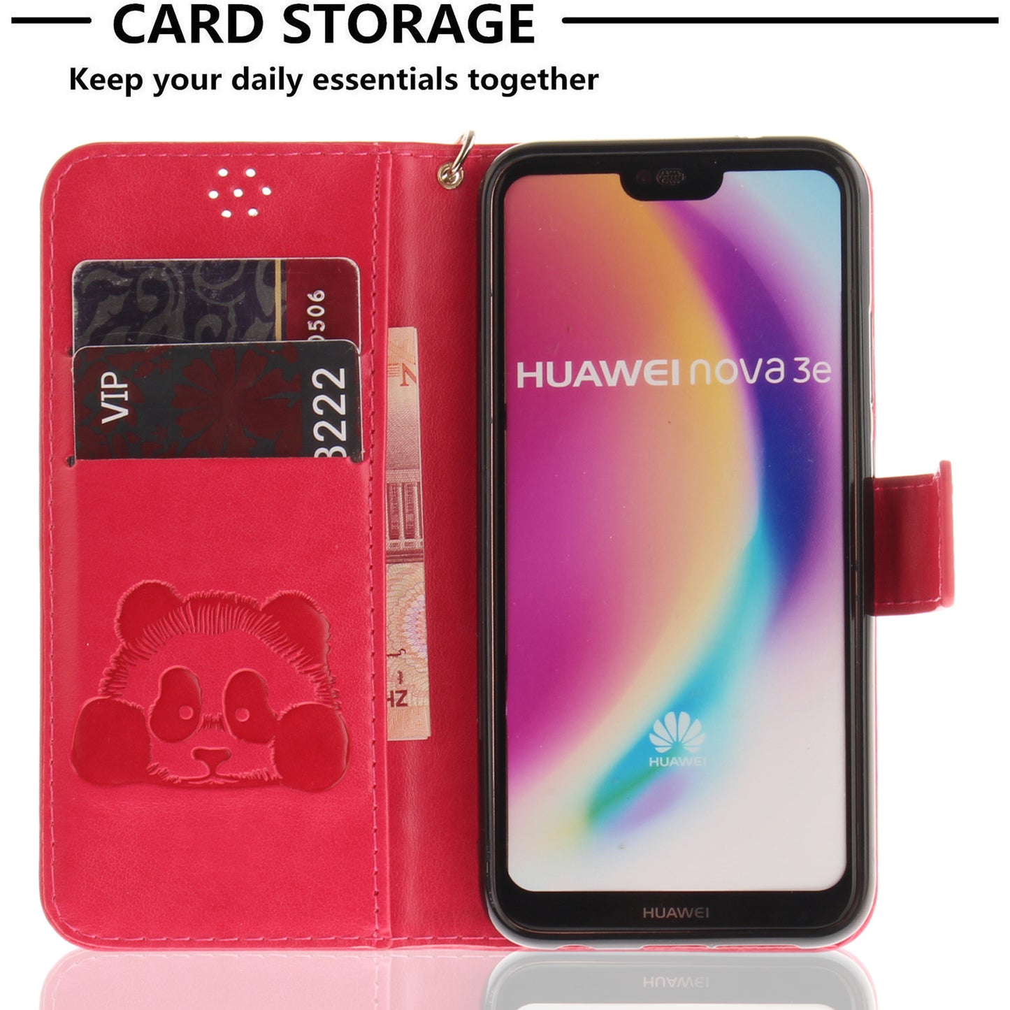 3D Embossing Panda Design For Huawei P20 Lite PU Leather Wallet Flip Cover Stand Card Slot Soft With Strap