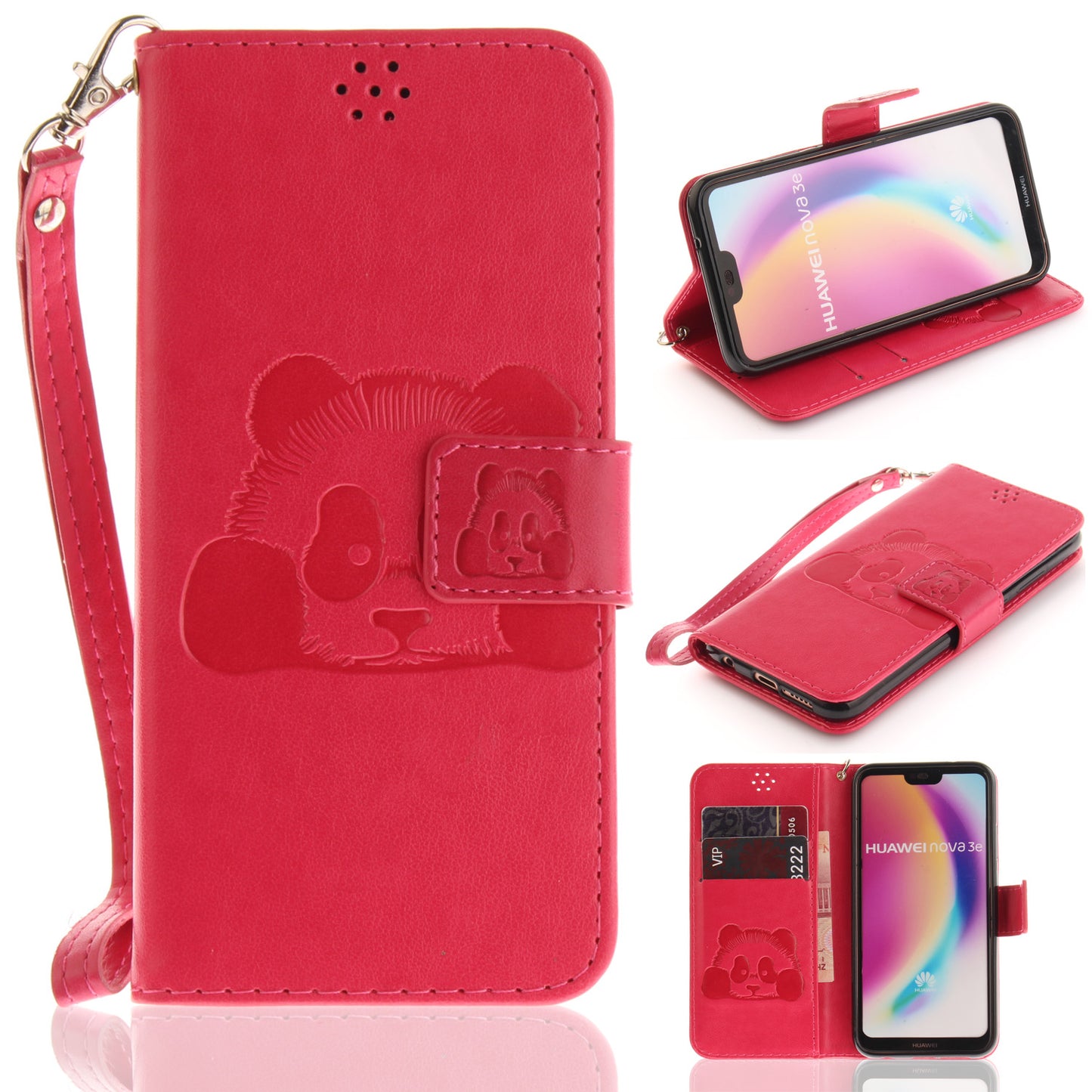 3D Embossing Panda Design For Huawei P20 Lite PU Leather Wallet Flip Cover Stand Card Slot Soft With Strap