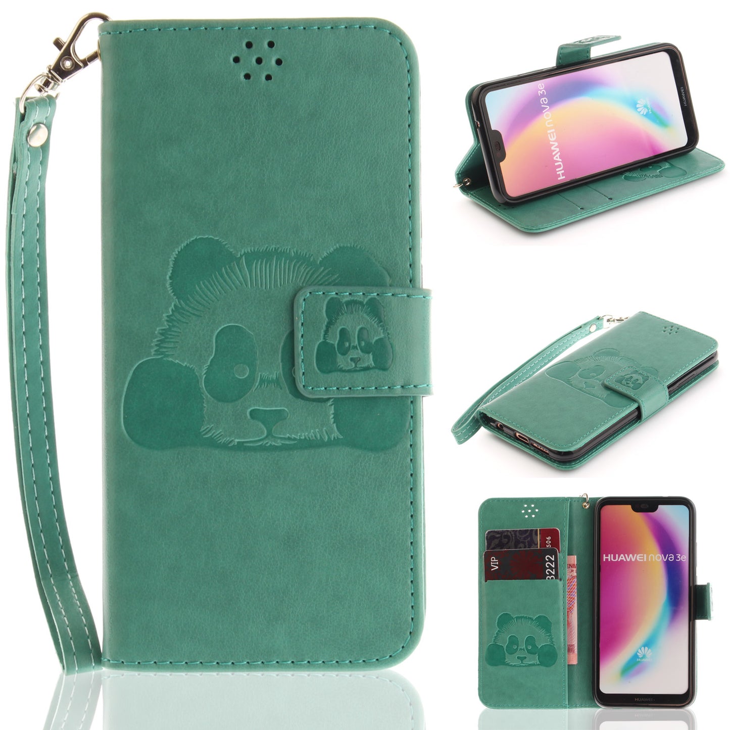 3D Embossing Panda Design For Huawei P20 Lite PU Leather Wallet Flip Cover Stand Card Slot Soft With Strap