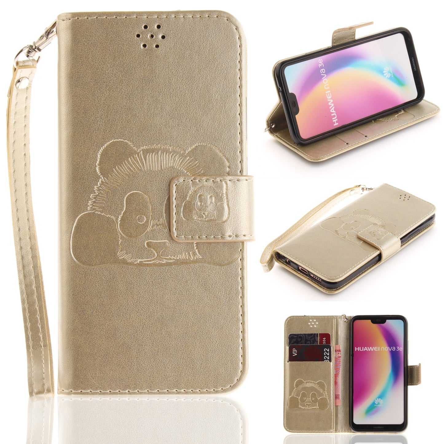3D Embossing Panda Design For Huawei P20 Lite PU Leather Wallet Flip Cover Stand Card Slot Soft With Strap