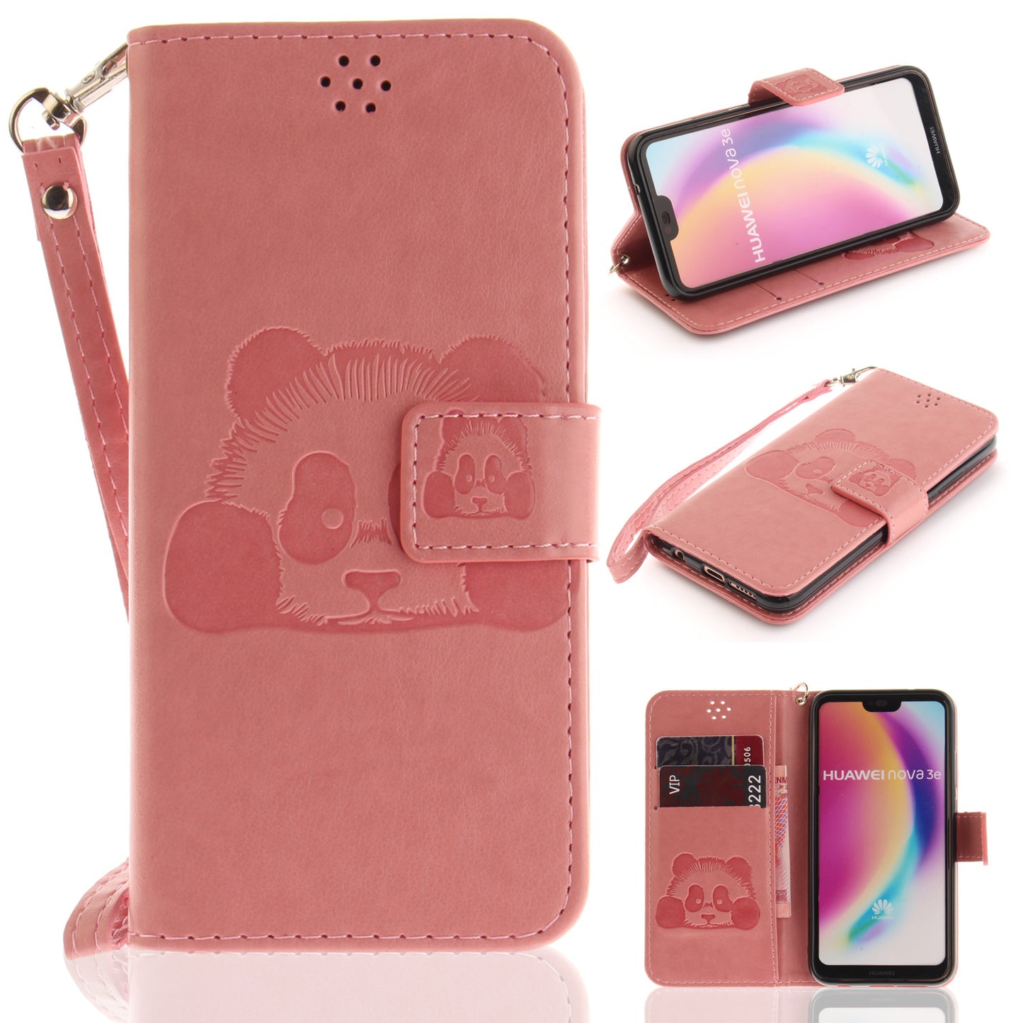 3D Embossing Panda Design For Huawei P20 Lite PU Leather Wallet Flip Cover Stand Card Slot Soft With Strap