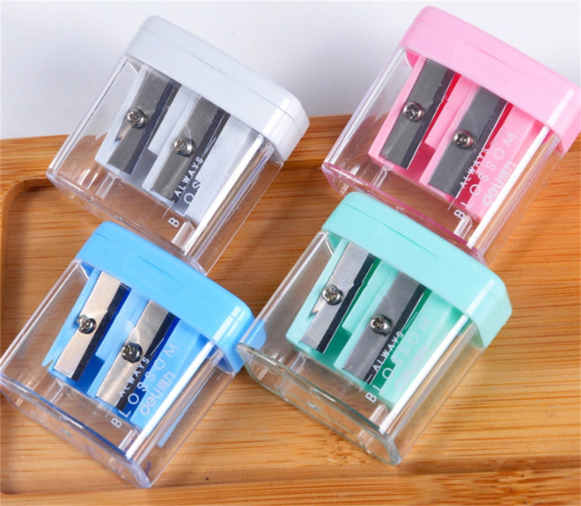 1pc Double Holes Plastic Pencil Sharpeners Candy Color Transparent Standard Pencil Cutting Machine Deli 0576 color random