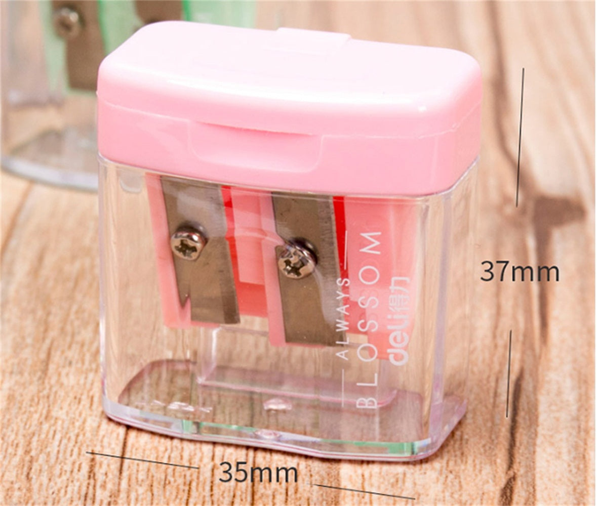 1pc Double Holes Plastic Pencil Sharpeners Candy Color Transparent Standard Pencil Cutting Machine Deli 0576 color random