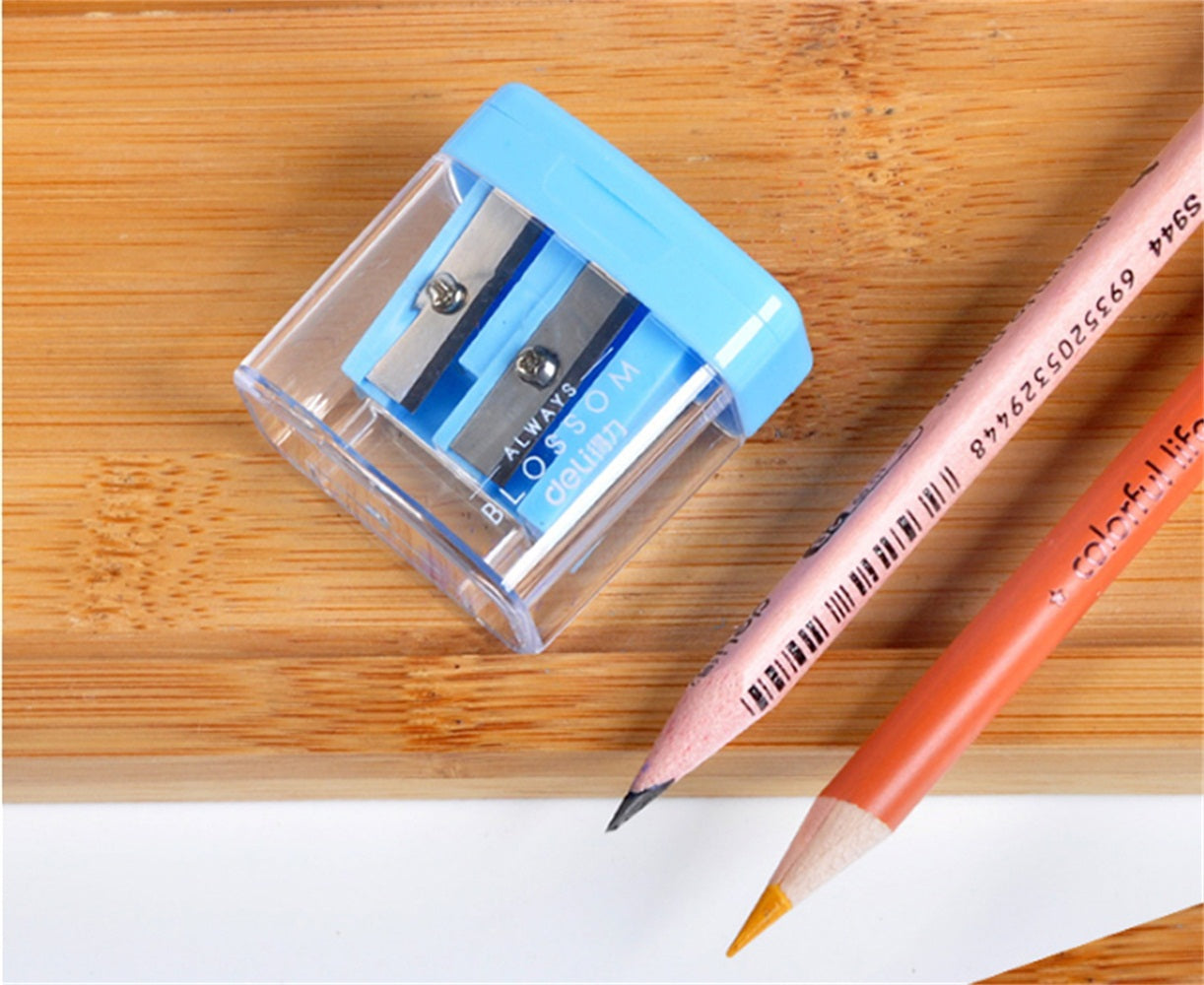 1pc Double Holes Plastic Pencil Sharpeners Candy Color Transparent Standard Pencil Cutting Machine Deli 0576 color random