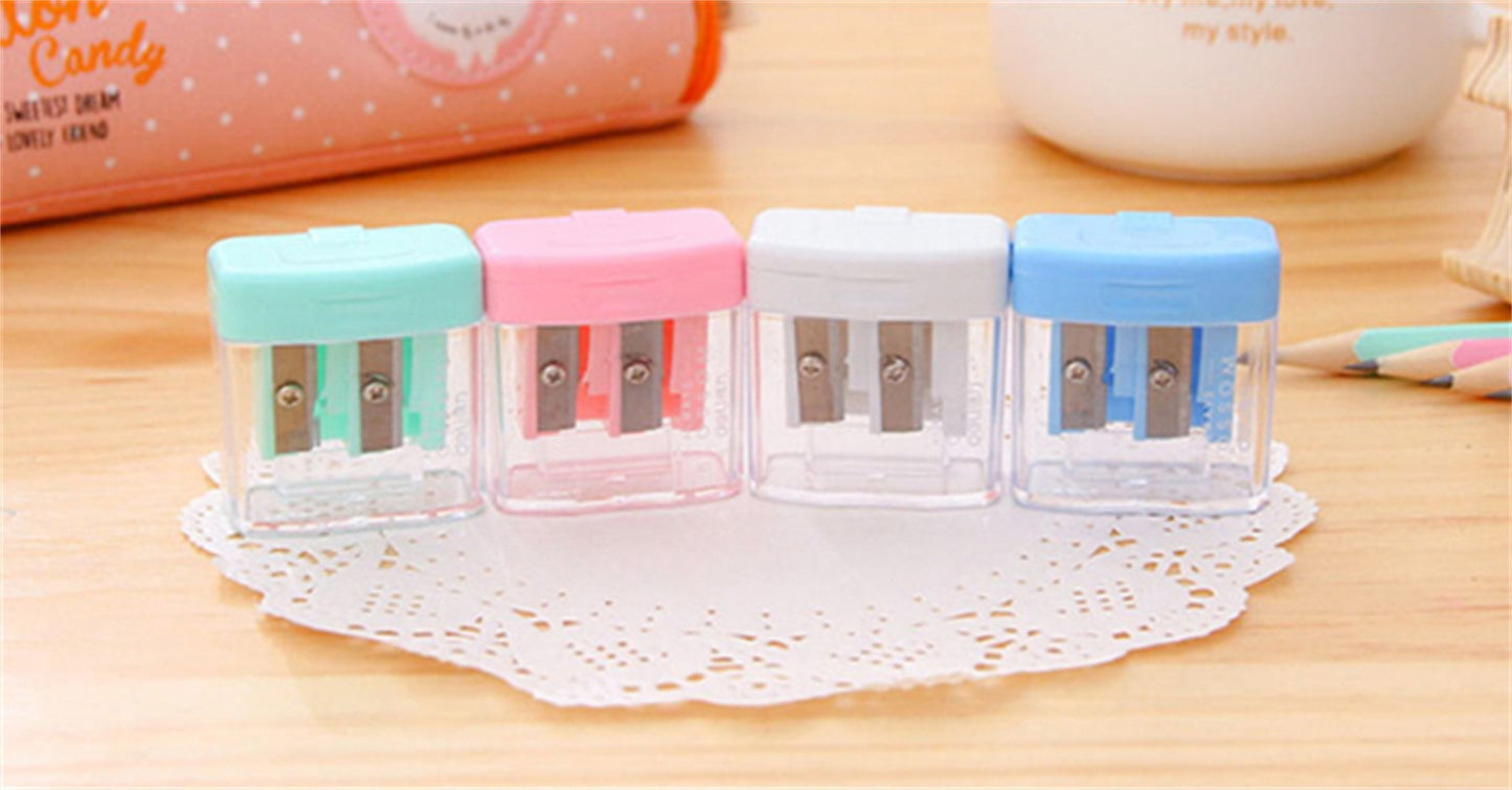 1pc Double Holes Plastic Pencil Sharpeners Candy Color Transparent Standard Pencil Cutting Machine Deli 0576 color random