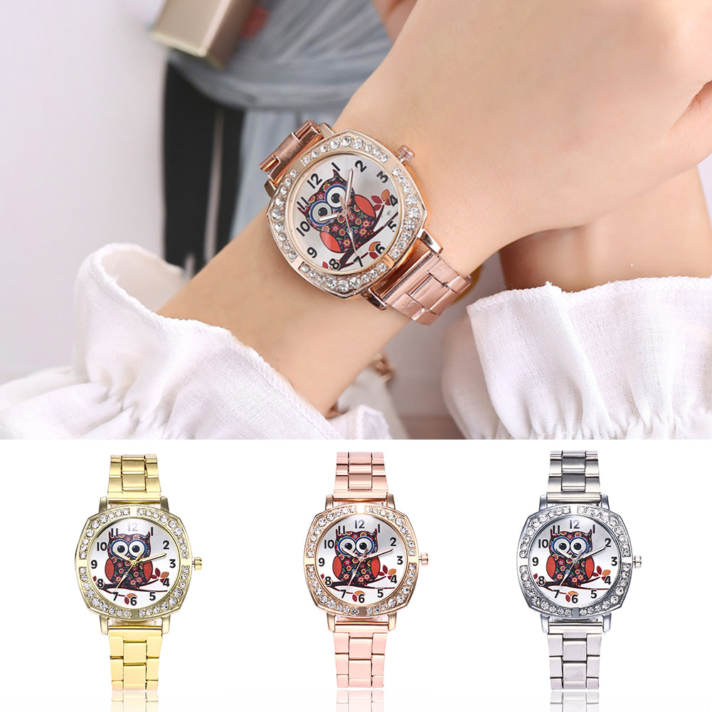 Owl Rhinestone Metal Band Square Case Women Quartz Wrist Watch Jewelry Gift