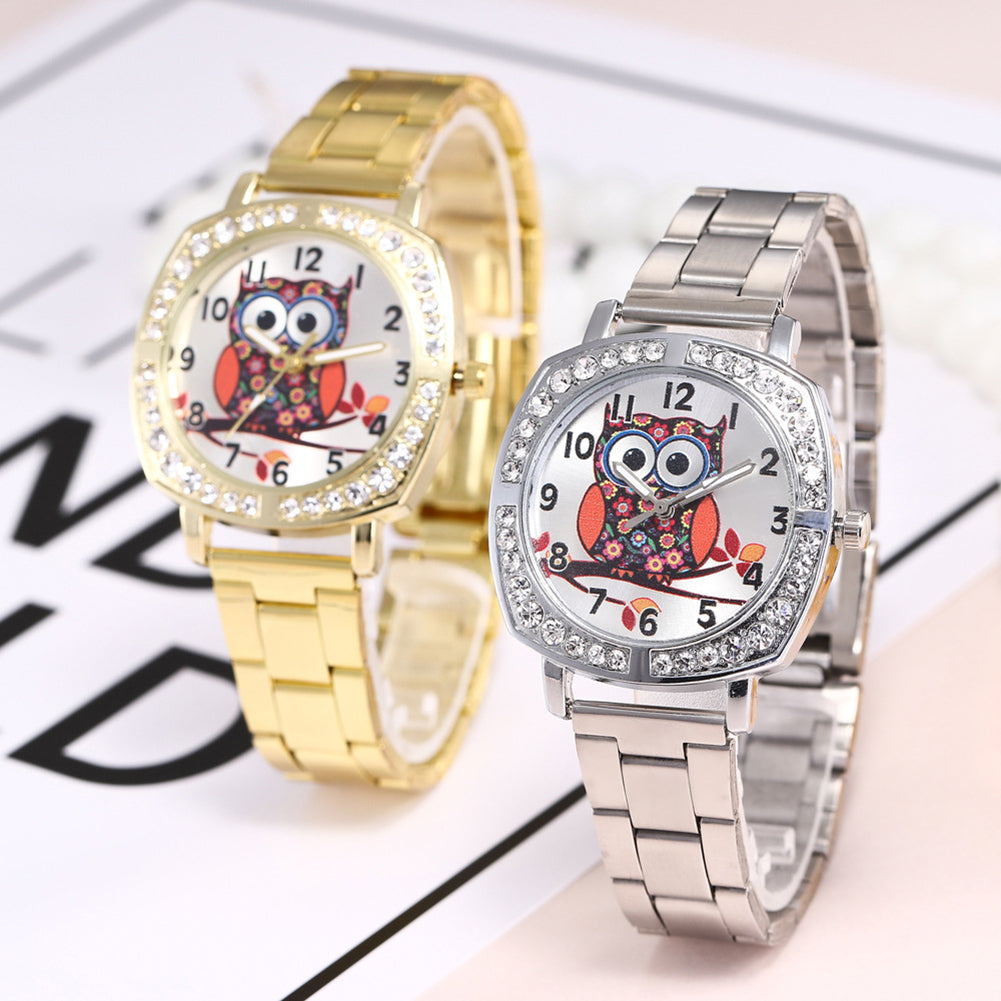 Owl Rhinestone Metal Band Square Case Women Quartz Wrist Watch Jewelry Gift