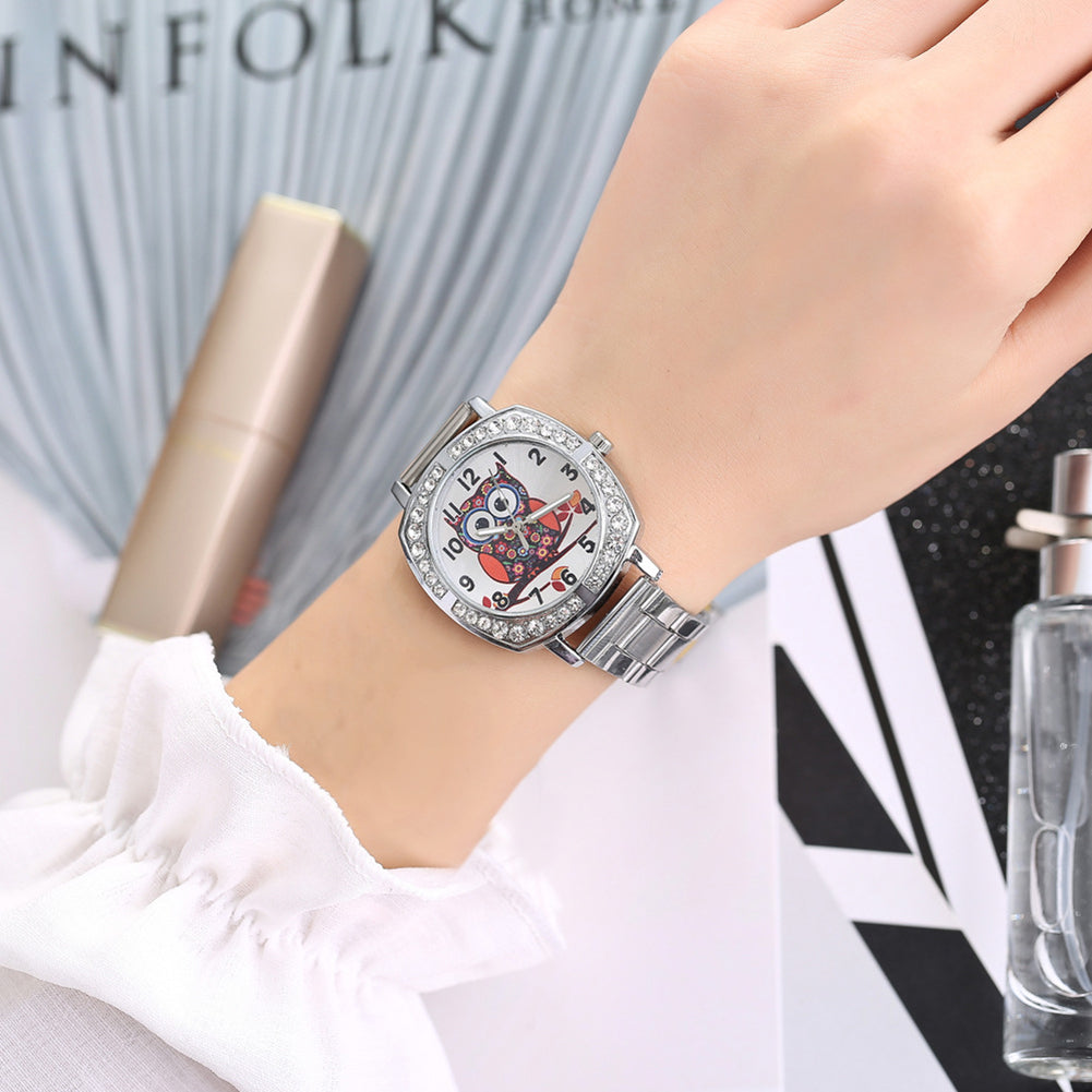 Owl Rhinestone Metal Band Square Case Women Quartz Wrist Watch Jewelry Gift