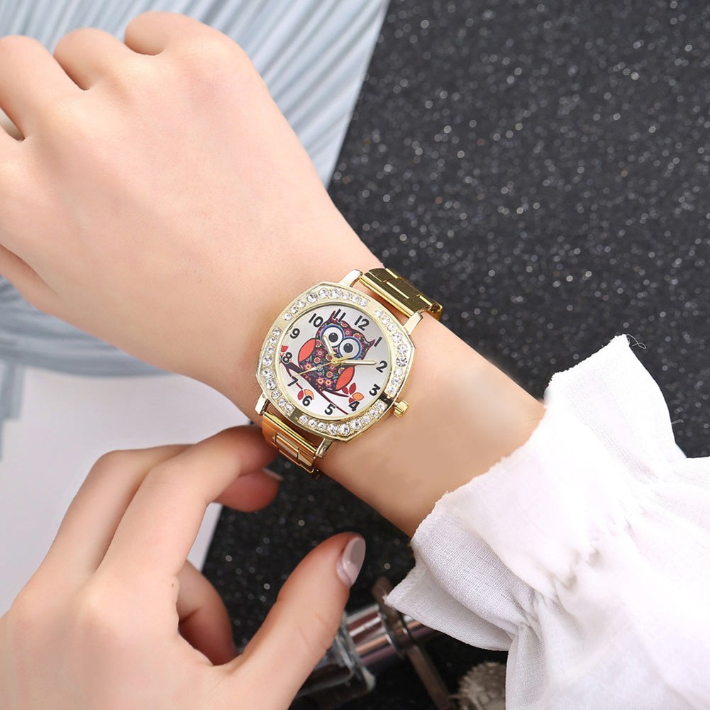 Owl Rhinestone Metal Band Square Case Women Quartz Wrist Watch Jewelry Gift
