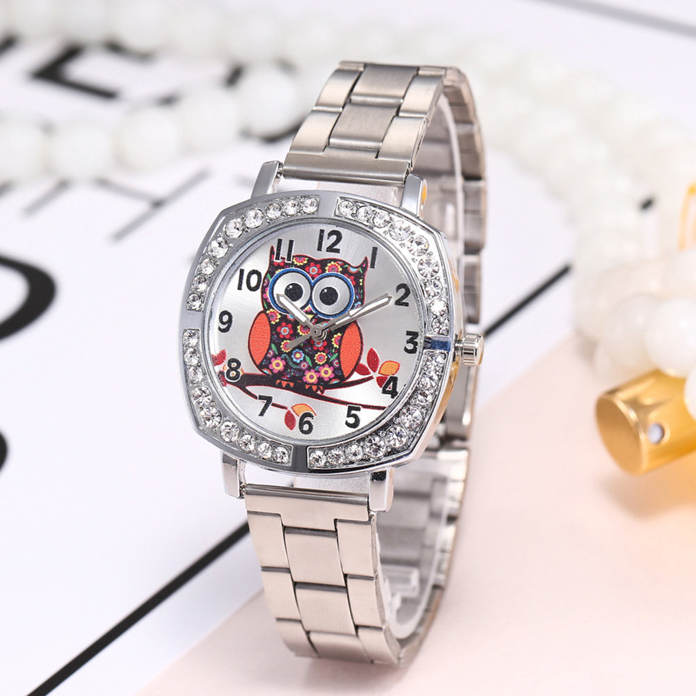 Owl Rhinestone Metal Band Square Case Women Quartz Wrist Watch Jewelry Gift