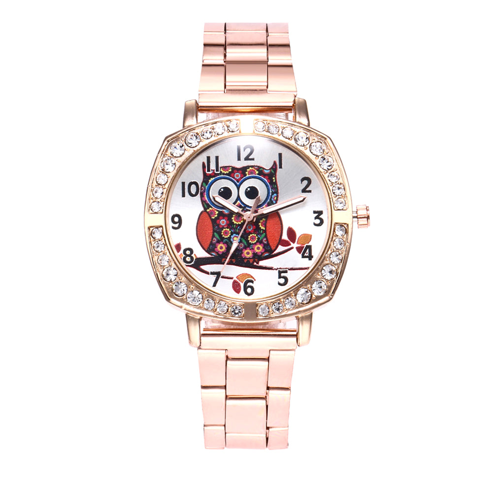 Owl Rhinestone Metal Band Square Case Women Quartz Wrist Watch Jewelry Gift