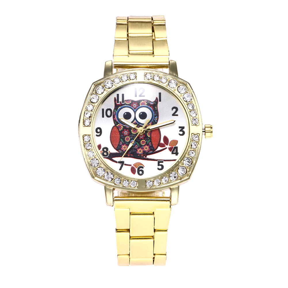 Owl Rhinestone Metal Band Square Case Women Quartz Wrist Watch Jewelry Gift