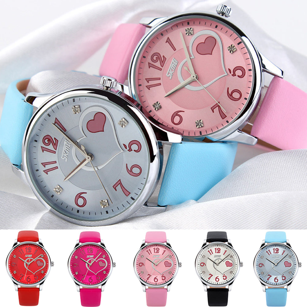 Women Girls Waterproof Genuine Leather Rhinestone Analog Quartz Wrist Watch