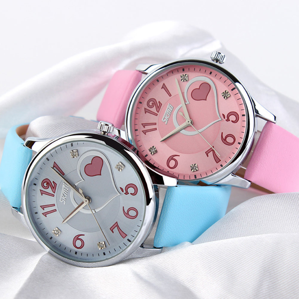 Women Girls Waterproof Genuine Leather Rhinestone Analog Quartz Wrist Watch