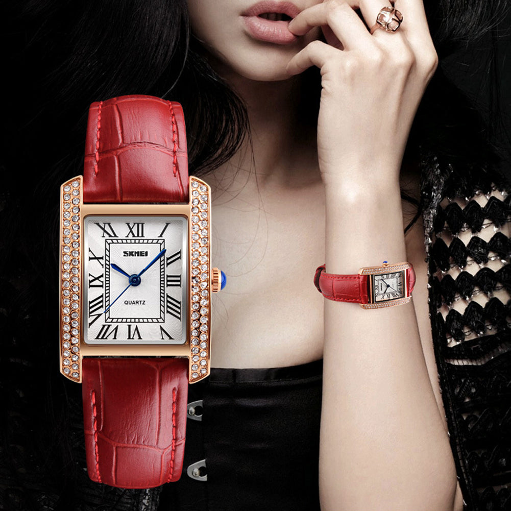 Women Fashion Leather Strap Rhinestones Roman Numerals Quartz Wrist Watch Gifts