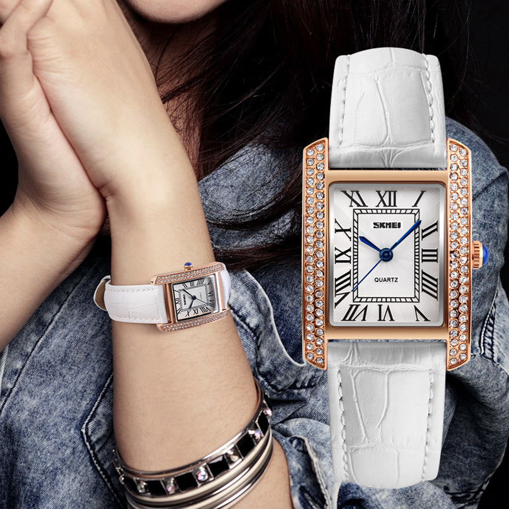 Women Fashion Leather Strap Rhinestones Roman Numerals Quartz Wrist Watch Gifts