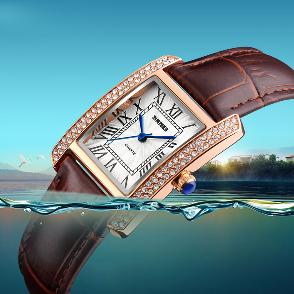 Women Fashion Leather Strap Rhinestones Roman Numerals Quartz Wrist Watch Gifts